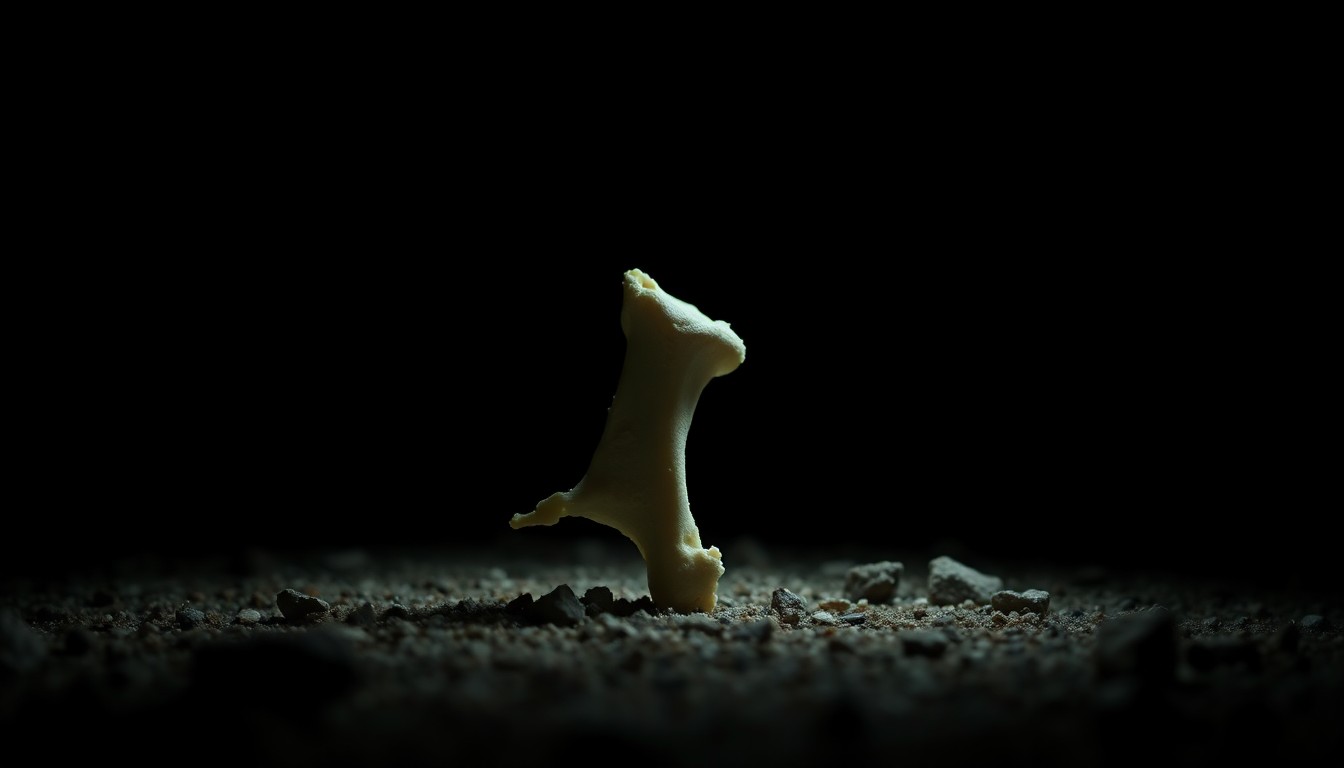 An extreme close-up photograph of a single bone fragment, its rough texture and sharp edges illuminated by a harsh, direct camera flash against a pitch-black background, conceptually representing the gritty, investigative nature of the crime scene.