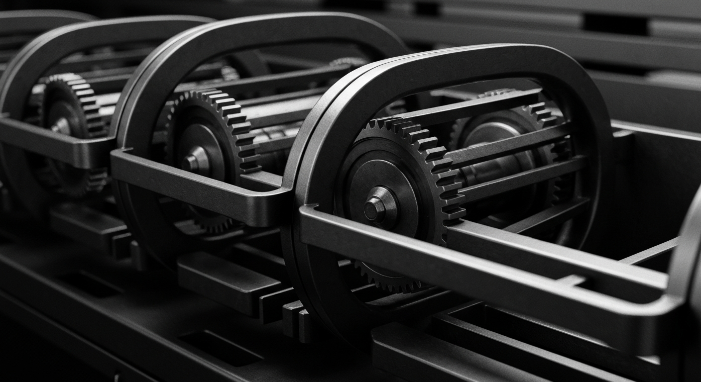 A cinematic close-up of the intricate gears and mechanisms of a high-tech payment processing machine, rendered in a dramatic black-and-white industrial style. The heavy, precise machinery symbolizes the secure, reliable infrastructure that powers global financial transactions.