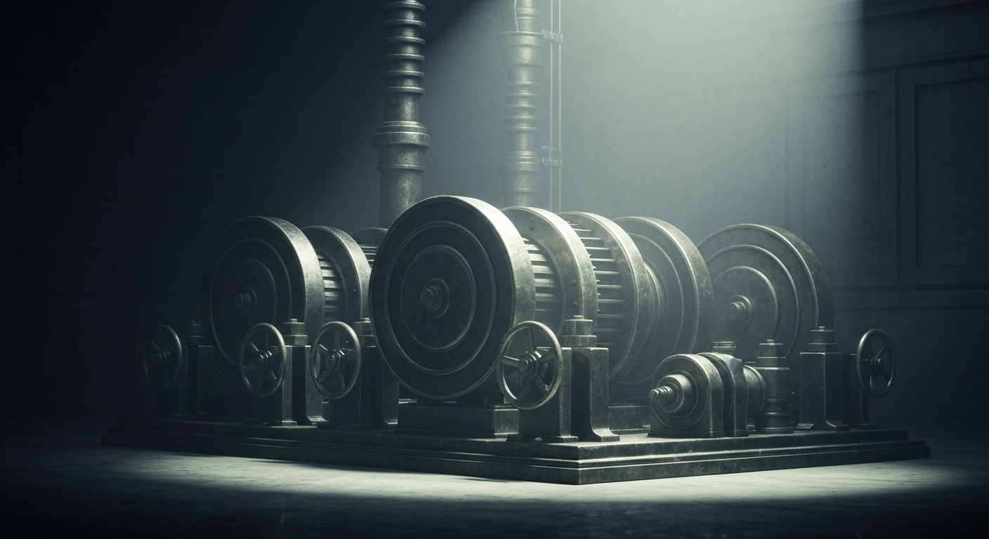 An extreme close-up of interlocking metal gears and levers, representing the intricate financial mechanisms powering Meta Platforms' expansion as a technology and social media leader.