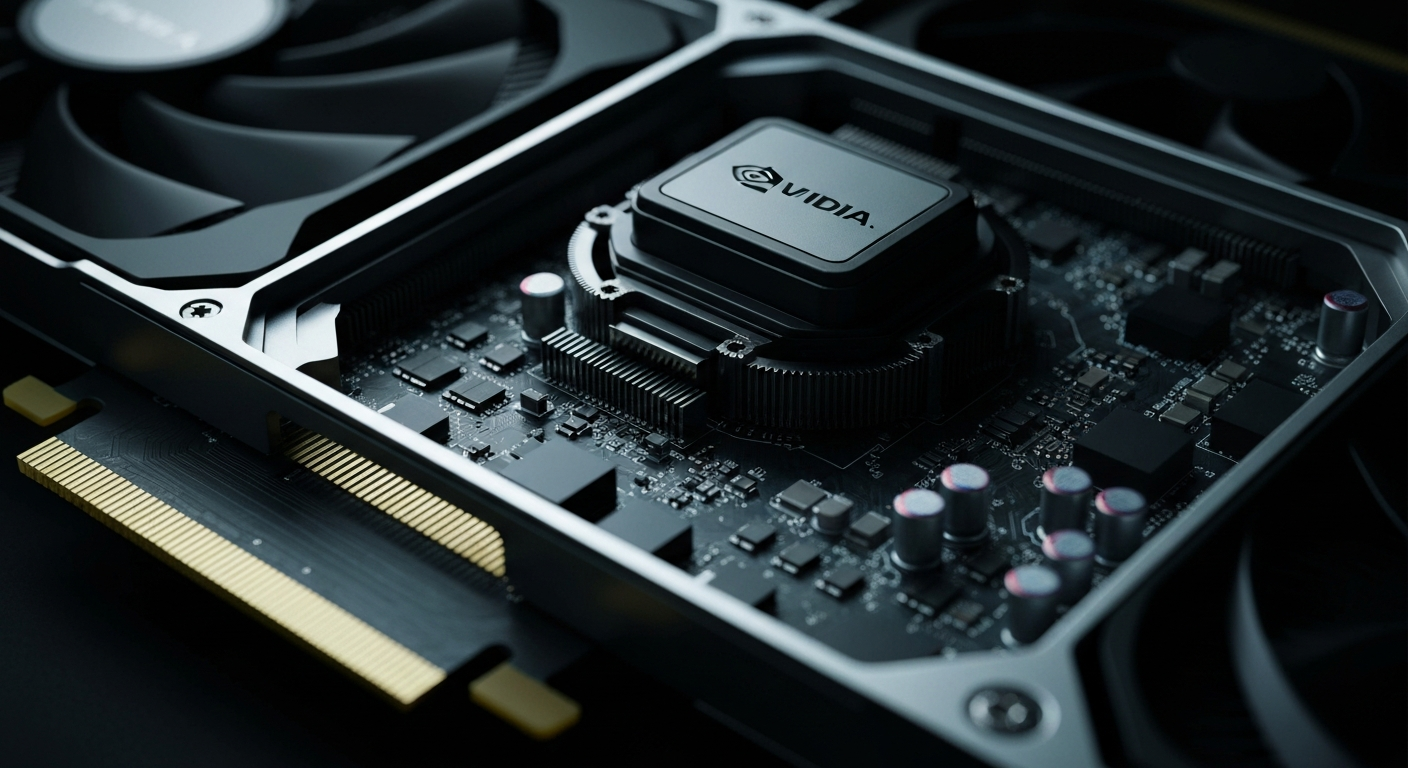 An extreme close-up of the intricately designed circuit boards and components that make up a high-end computer graphics card, conceptually representing the technological sophistication and innovation behind NVIDIA's products.