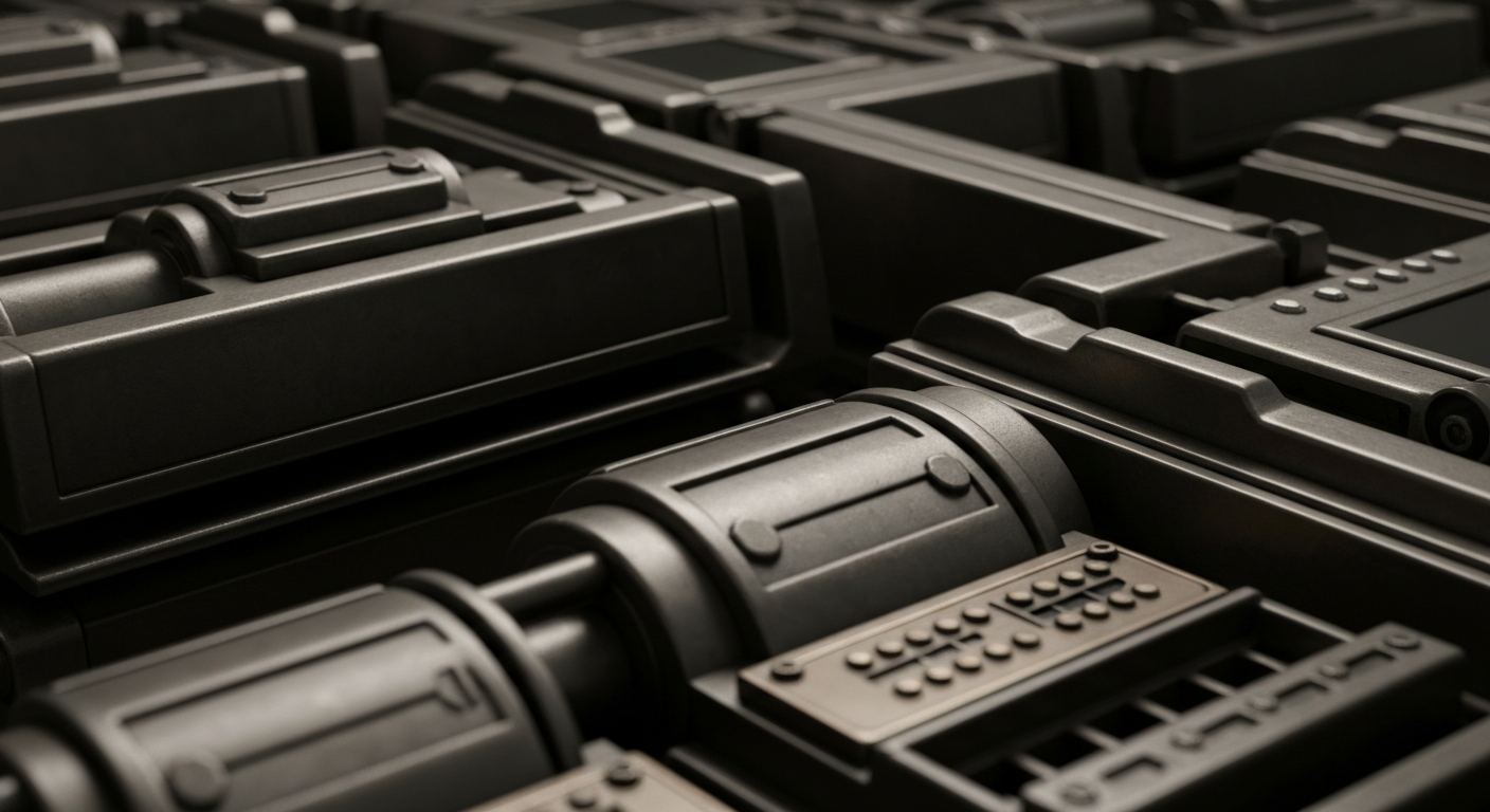 An extreme close-up of heavy, industrial machinery and equipment in shades of steel grey, bronze, and black, representing the tangible financial infrastructure and institutional power of the retail industry.
