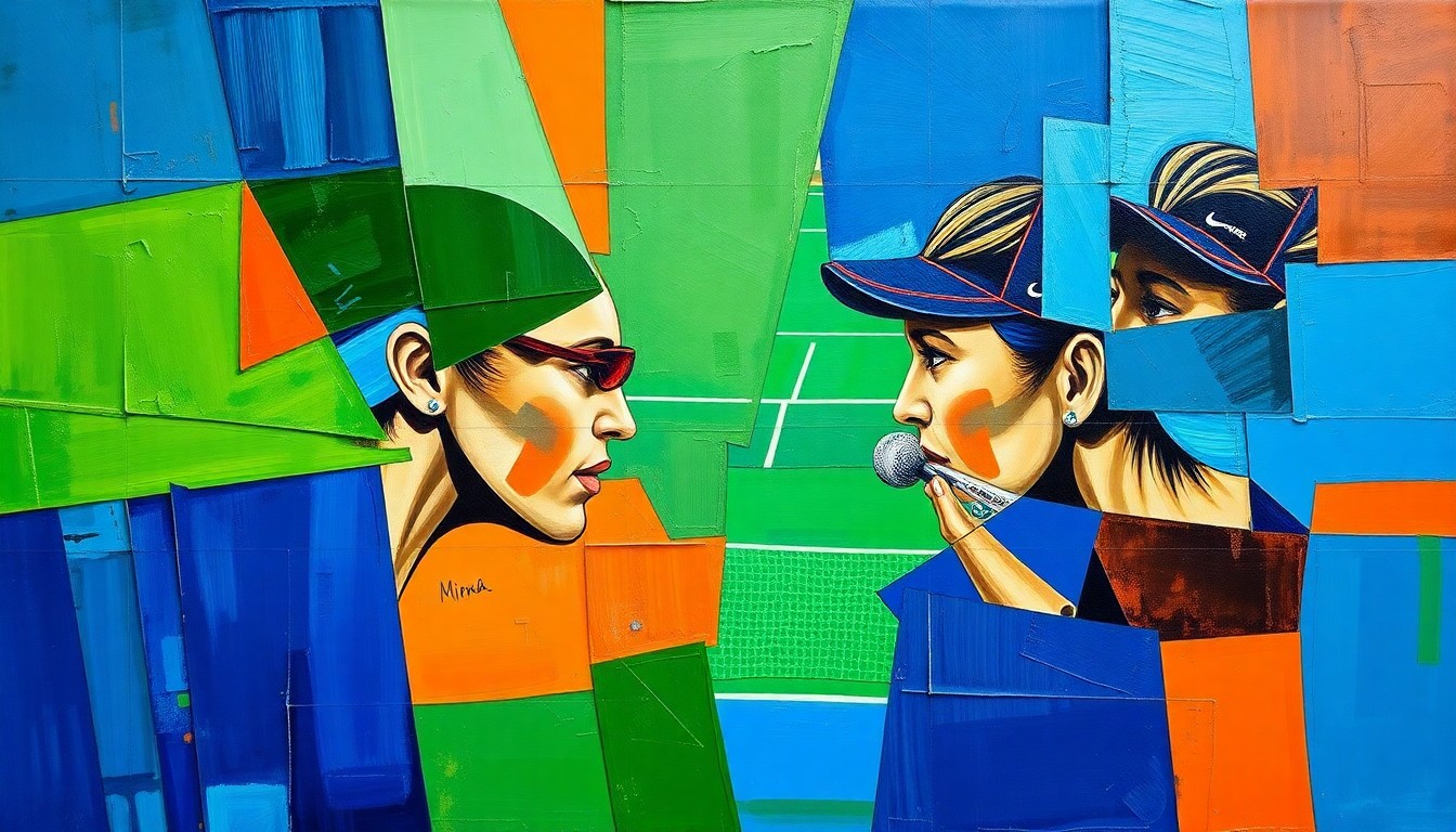 A fragmented, geometric painting depicting a tennis match, with sharp planes of blue, green, and orange overlapping to create a dynamic, abstract composition.