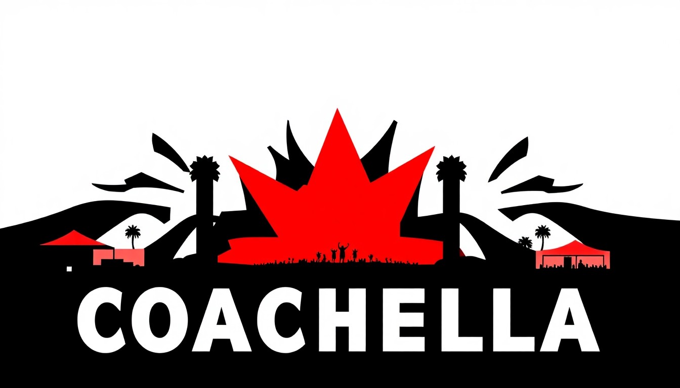 A striking abstract composition featuring bold, jagged shapes in high-contrast colors, capturing the energy and excitement of the Coachella music festival.