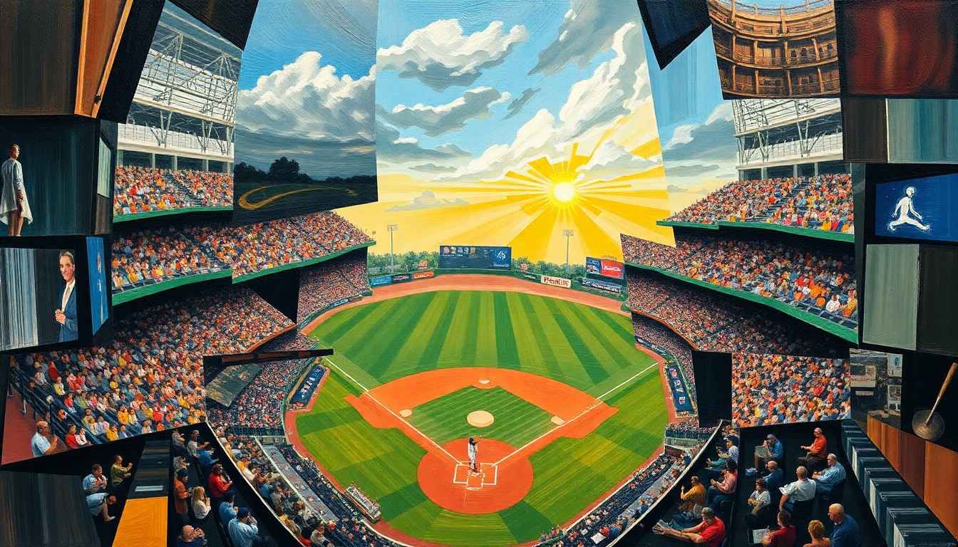 A fragmented, multi-angled painting depicting the chaotic energy of a baseball game, with players and equipment broken down into sharp, overlapping shapes and planes of color.