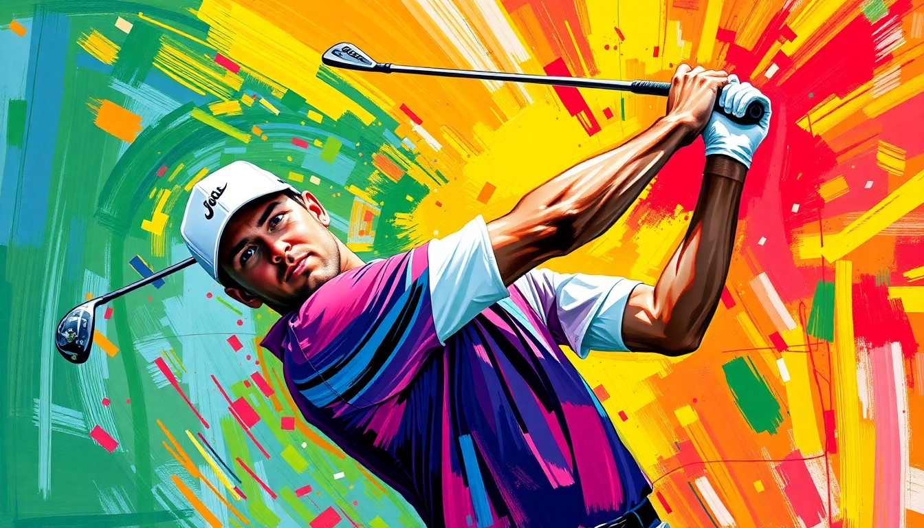 An abstract, expressionist painting in neon colors depicting the dynamic motion of a golfer's swing, capturing the energy and excitement of a hole-in-one at a major championship.