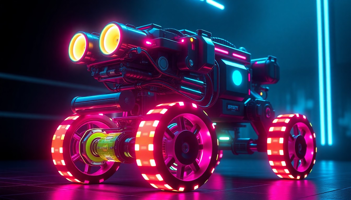 A highly detailed, glowing 3D illustration of a complex robot with intricate mechanisms and autonomous systems, illuminated by neon cyan and magenta lights against a dark, futuristic backdrop, conceptually representing the Awesome Possums' journey to the global robotics competition.