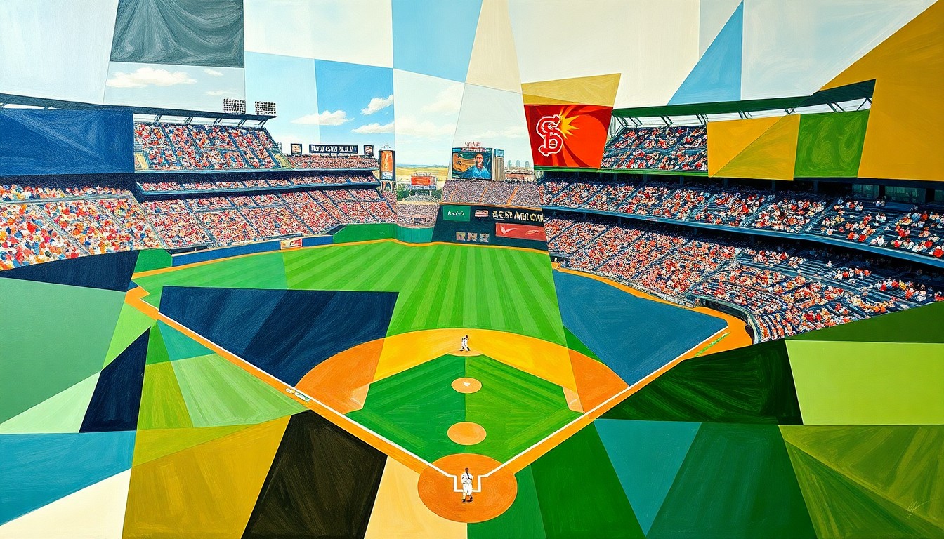 A fractured, multi-perspective painting in the style of Pablo Picasso, breaking a baseball game down into sharp, overlapping geometric planes of color. The players, field, and stadium are all deconstructed into abstract shapes, capturing the Brewers' offensive woes.