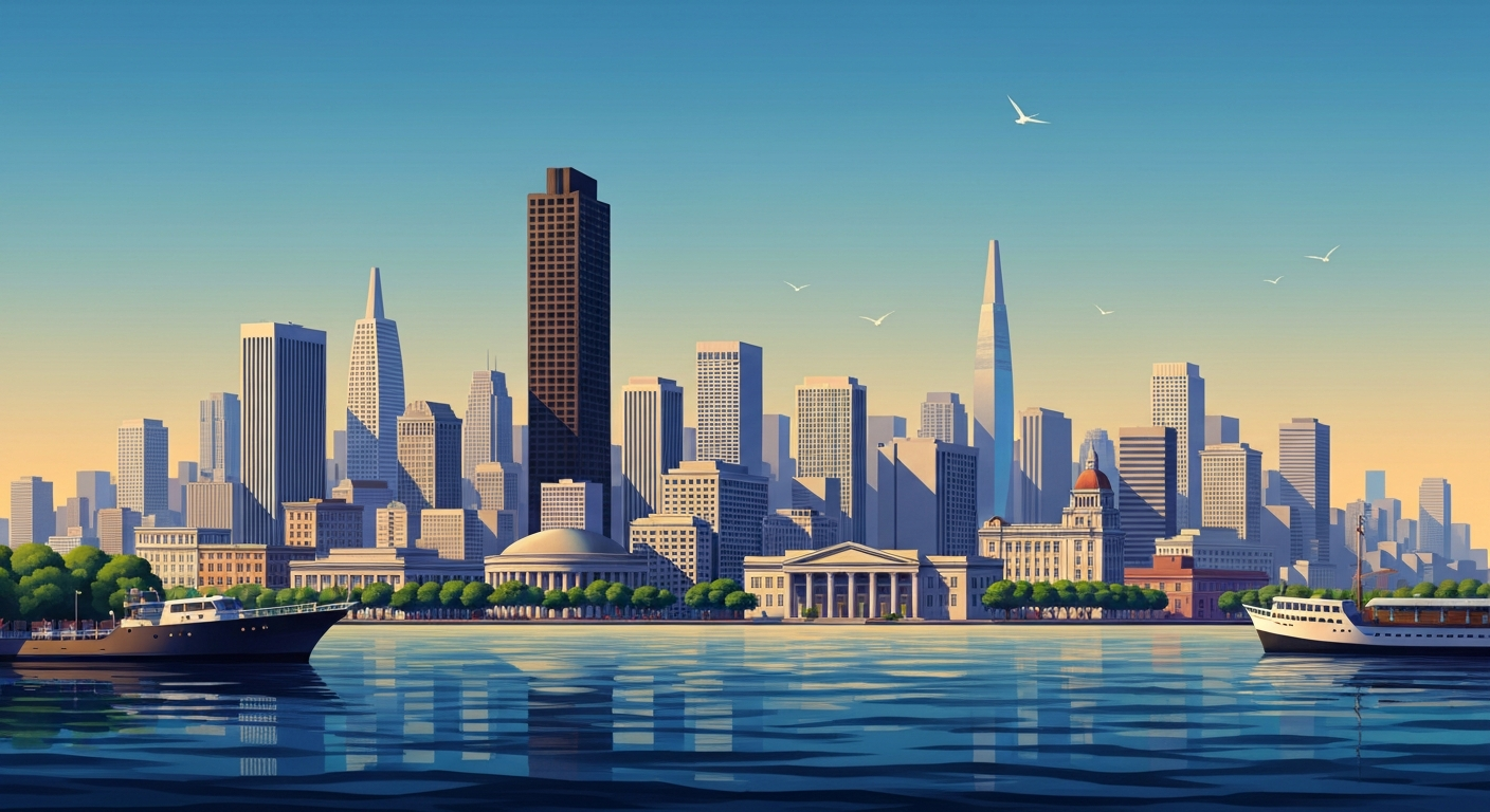A bold, geometric illustration depicting the towering skyscrapers and landmarks of the San Francisco skyline, rendered in a stylized, Art Deco-inspired aesthetic without any text or identifiable elements.