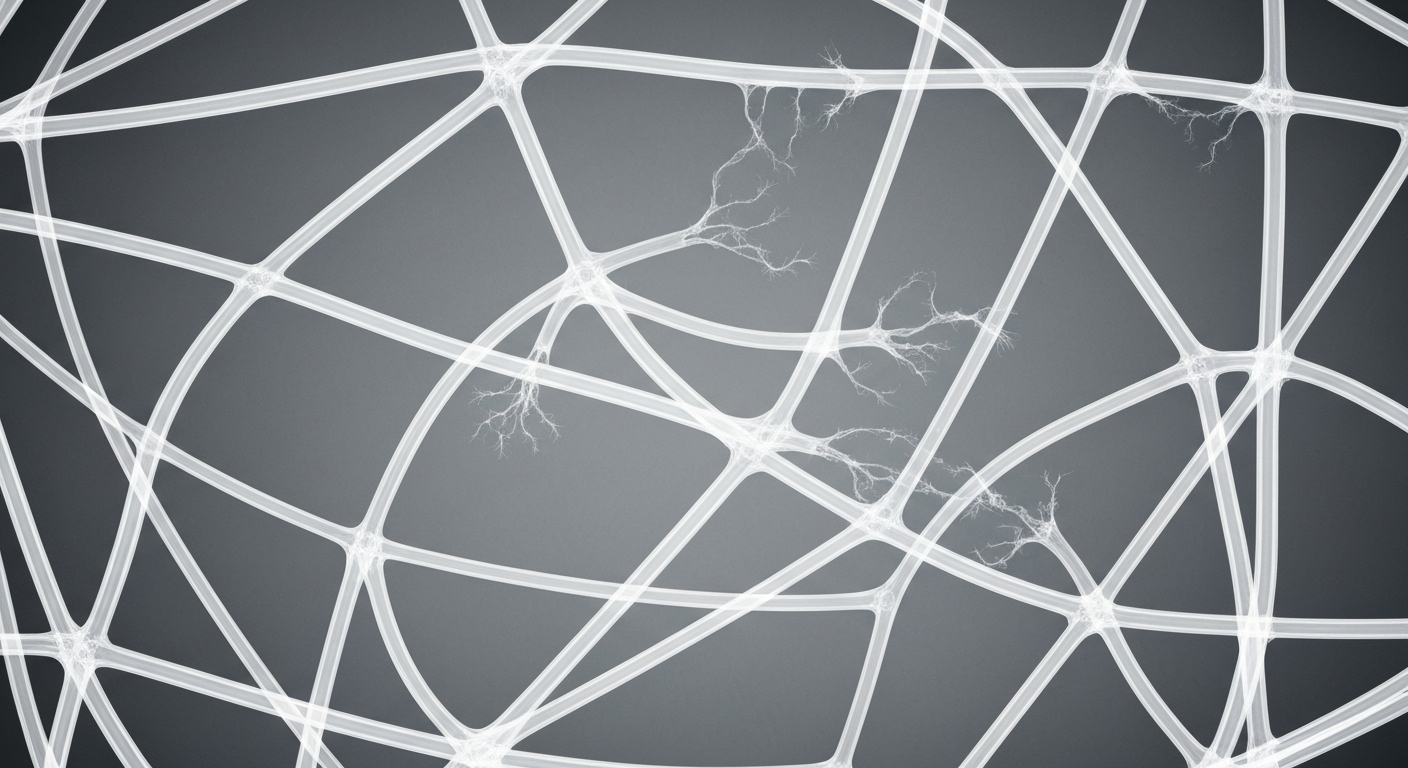 A ghostly, translucent X-ray photograph revealing a tangled web of mental health support services, with some strands fraying and disconnected, conceptually illustrating the fragility of the system.