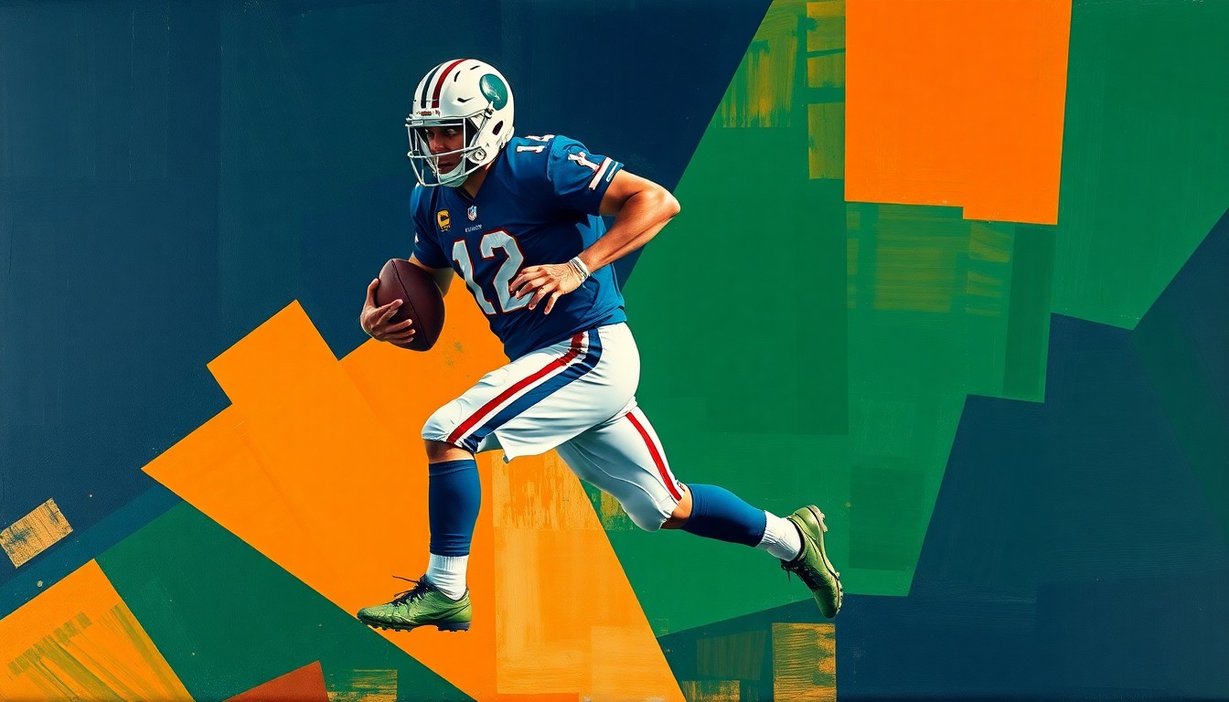 A cubist-style painting featuring a football player broken down into sharp, overlapping geometric planes in navy, green, and orange, conveying the disruption caused by a key player's suspension.