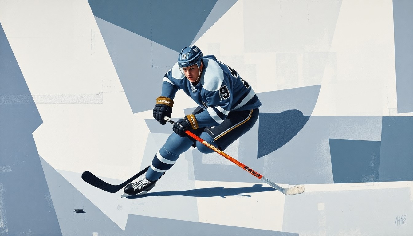 A fractured, multi-perspective painting in a cubist style, breaking down a hockey defenseman in action into sharp, overlapping geometric planes in muted blues, grays, and whites, conceptually representing the uncertainty surrounding Braden Schneider's future with the New York Rangers.