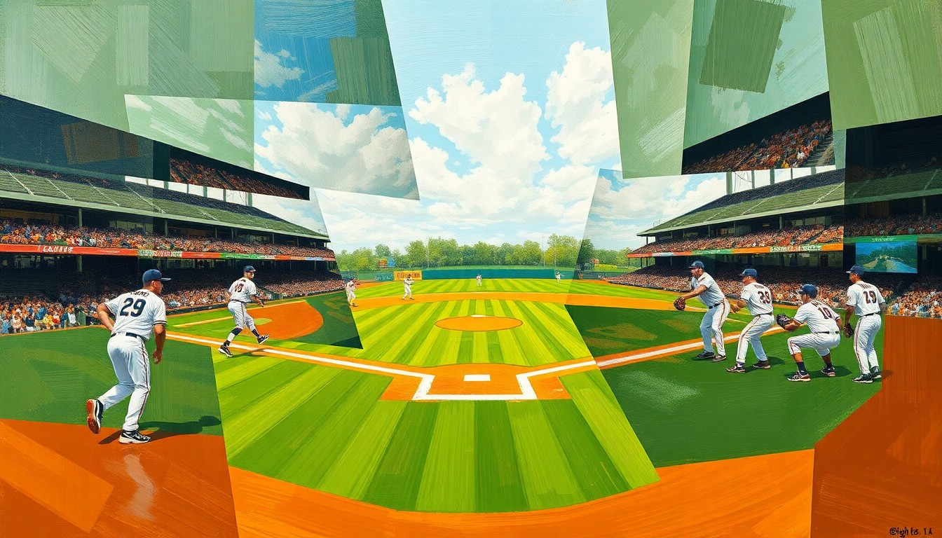 A fragmented, geometric painting depicting a high school baseball game, with overlapping planes of green, brown, and white representing the field, players, and uniforms.