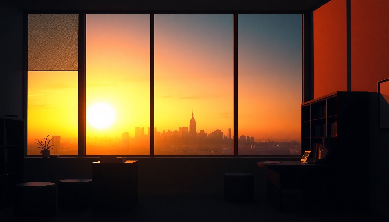 A dimly lit political office space with a large window overlooking a city skyline at dusk, bathed in warm, diagonal sunlight and deep shadows, creating a contemplative, cinematic atmosphere.
