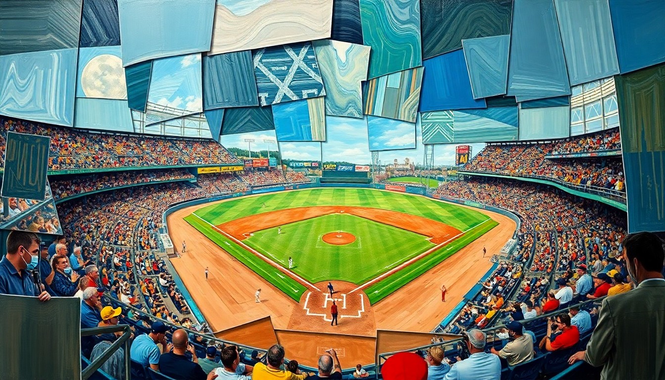 A cubist-style painting depicting a baseball game broken down into overlapping geometric shapes and planes, conveying the disruptive impact of the Yankees' analytical approach.