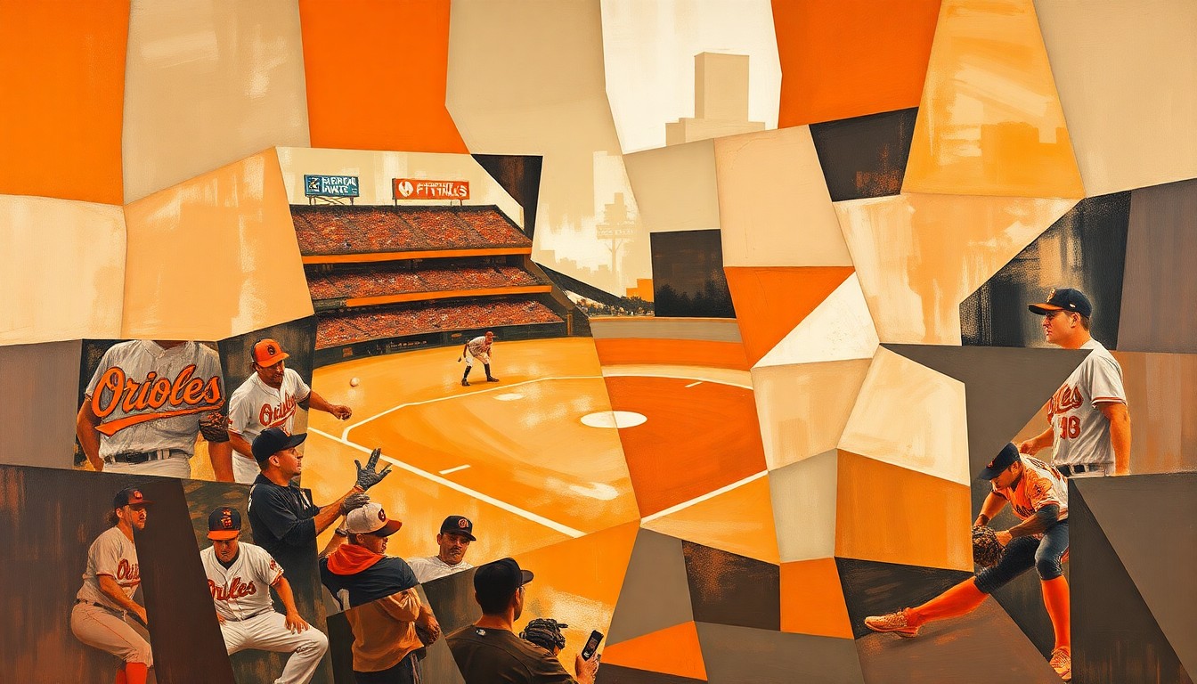 A cubist-style painting featuring overlapping geometric shapes and planes in muted tones of orange, brown, and grey, conceptually representing the Orioles' organizational depth and resilience in the face of Adley Rutschman's injury.