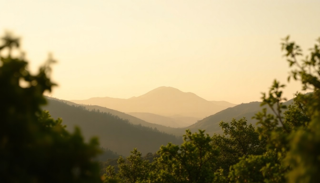 An abstract, out-of-focus photograph in warm, hazy tones depicting a serene mountain landscape with the silhouette of a prominent peak in the distance, framed by lush foliage, conceptually representing the natural beauty and seclusion of the Marabou Ranch property.