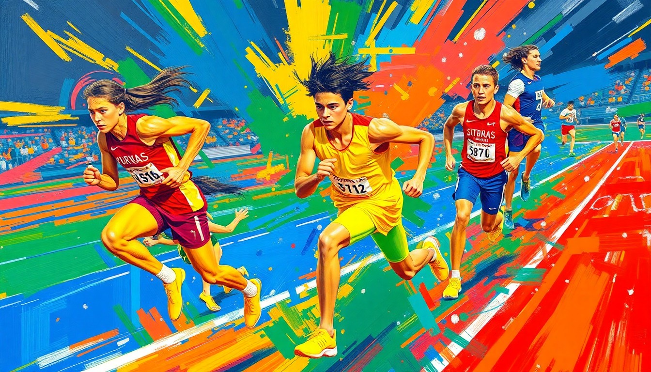 An abstract, energetic painting with bold brushstrokes and neon colors representing the dynamic movements and competitive spirit of high school track and field athletes.