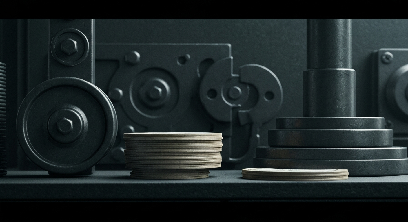 An extreme close-up of intricate, industrial-scale banking machinery and equipment, conveying a sense of financial security and institutional power through its heavy, tangible physicality.