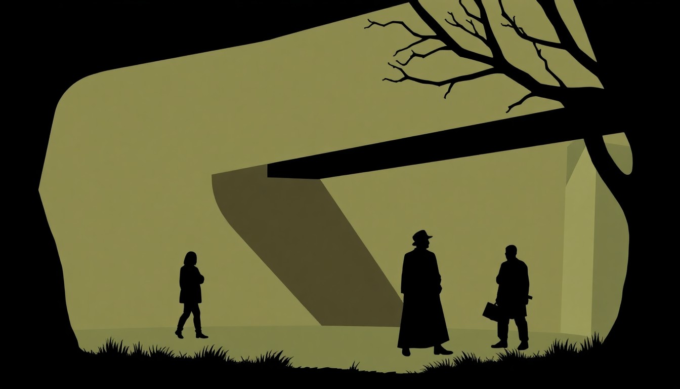 An abstract, geometric composition of jagged black silhouettes and muted earth-toned shapes, conceptually representing the revitalized Henry Moore Studios gallery space.