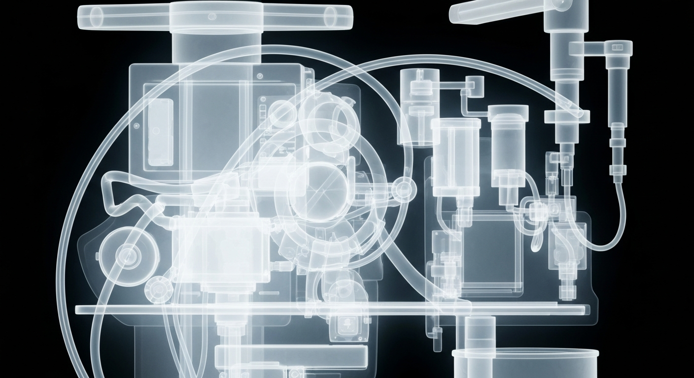 A translucent, X-ray-style photograph revealing the internal structure of an anesthesia machine, conceptually illustrating the environmental impact of certain medical gases.