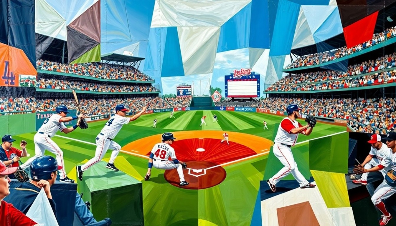 A cubist, geometric painting depicting the dynamic movements and energy of a baseball game, with overlapping planes of color and form representing the players and action on the field.