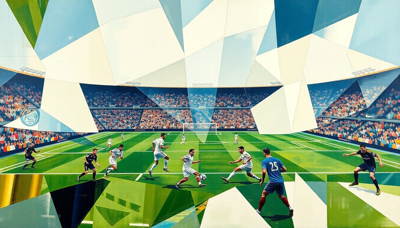 A cubist, geometric painting depicting a Real Madrid soccer match, with the players and field broken down into sharp, overlapping shapes and planes, capturing the dynamic energy and intensity of the game.