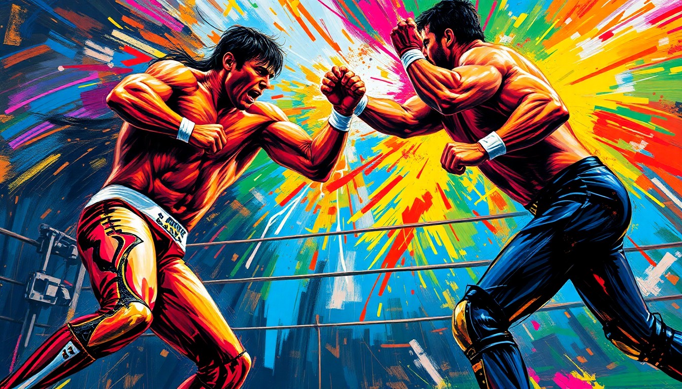 An abstract, expressionist painting featuring dynamic, neon-colored brushstrokes that capture the intense physicality and dramatic movements of professional wrestlers engaged in a match, conveying the raw energy and excitement of the WrestleMania spectacle.