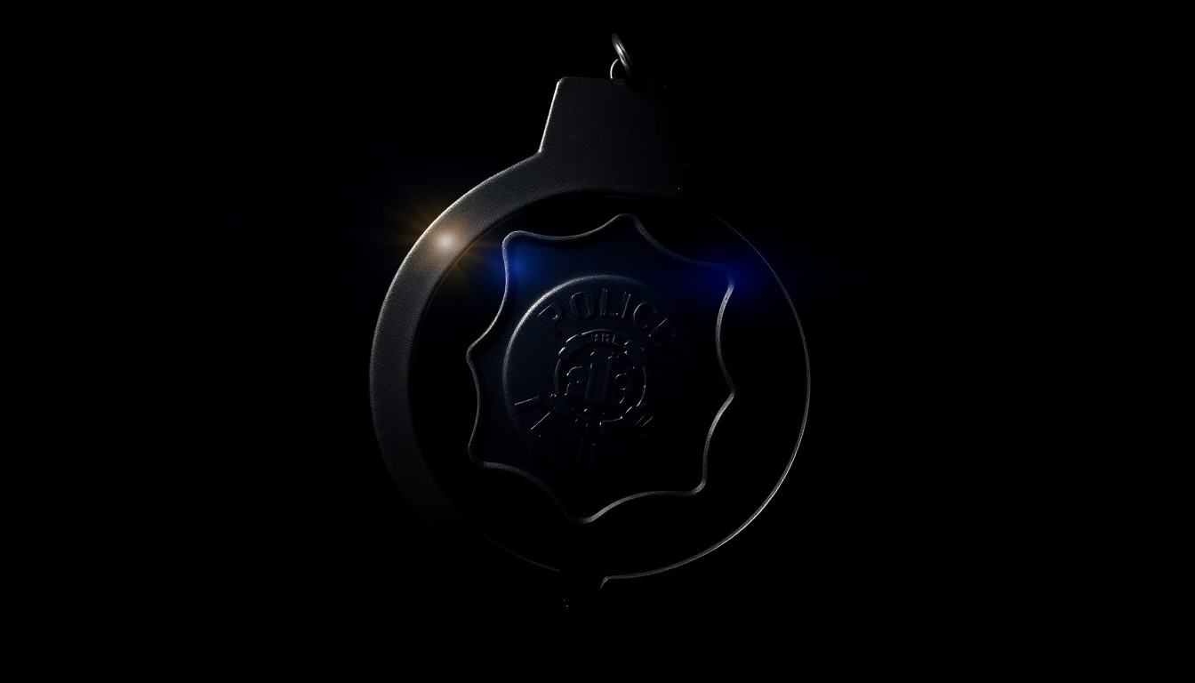 An extreme close-up photograph of a police badge or handcuff, lit by a harsh, direct camera flash against a pitch-black background, conceptually representing the investigation into the Uvalde police response.