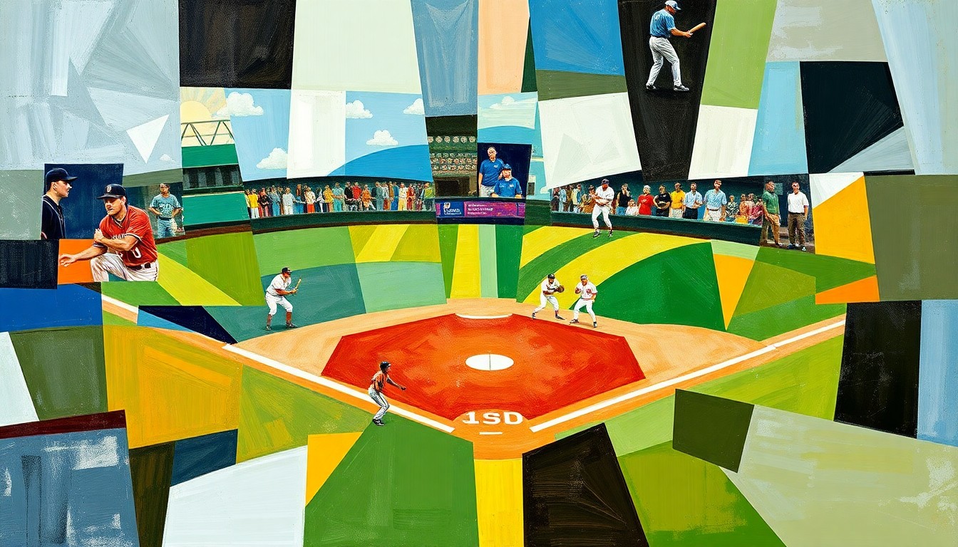 A cubist, geometric painting depicting a baseball game or match, with the players and field broken down into overlapping planes of color and abstract shapes, conveying the dynamic energy and transition of Cabrera's role with the Tigers.