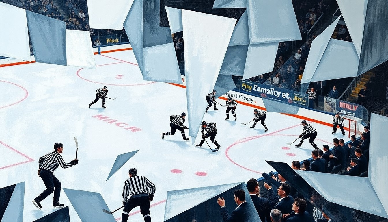 A cubist, geometric painting depicting the dynamic movement and energy of a hockey game, with players and the ice rink broken down into abstract shapes and forms.