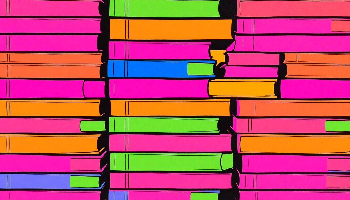 A vibrant, high-contrast silkscreen print of a stack of college textbooks repeated in a grid, conceptually representing the changing academic programs at Bowling Green State University.