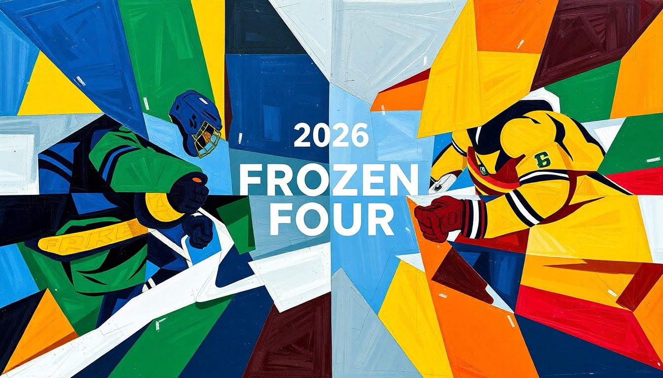 A fractured, cubist-style painting featuring sharp, overlapping geometric planes in the colors of the competing teams' uniforms, capturing the intensity and energy of the 2026 Frozen Four hockey tournament.