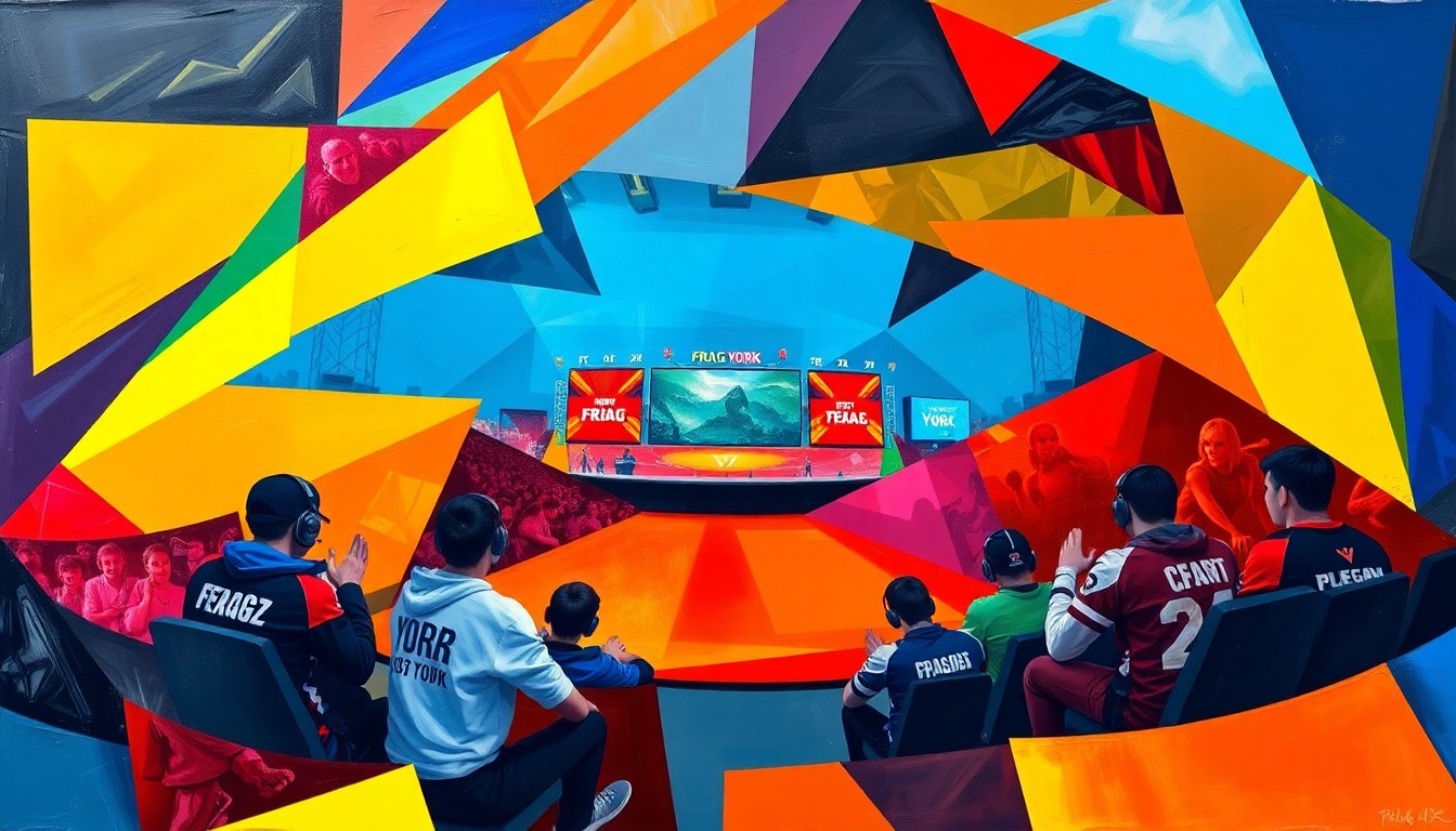 A fractured, cubist-style painting depicting an esports match, with sharp geometric planes in vibrant colors representing the competing teams and the dynamic action of the game.