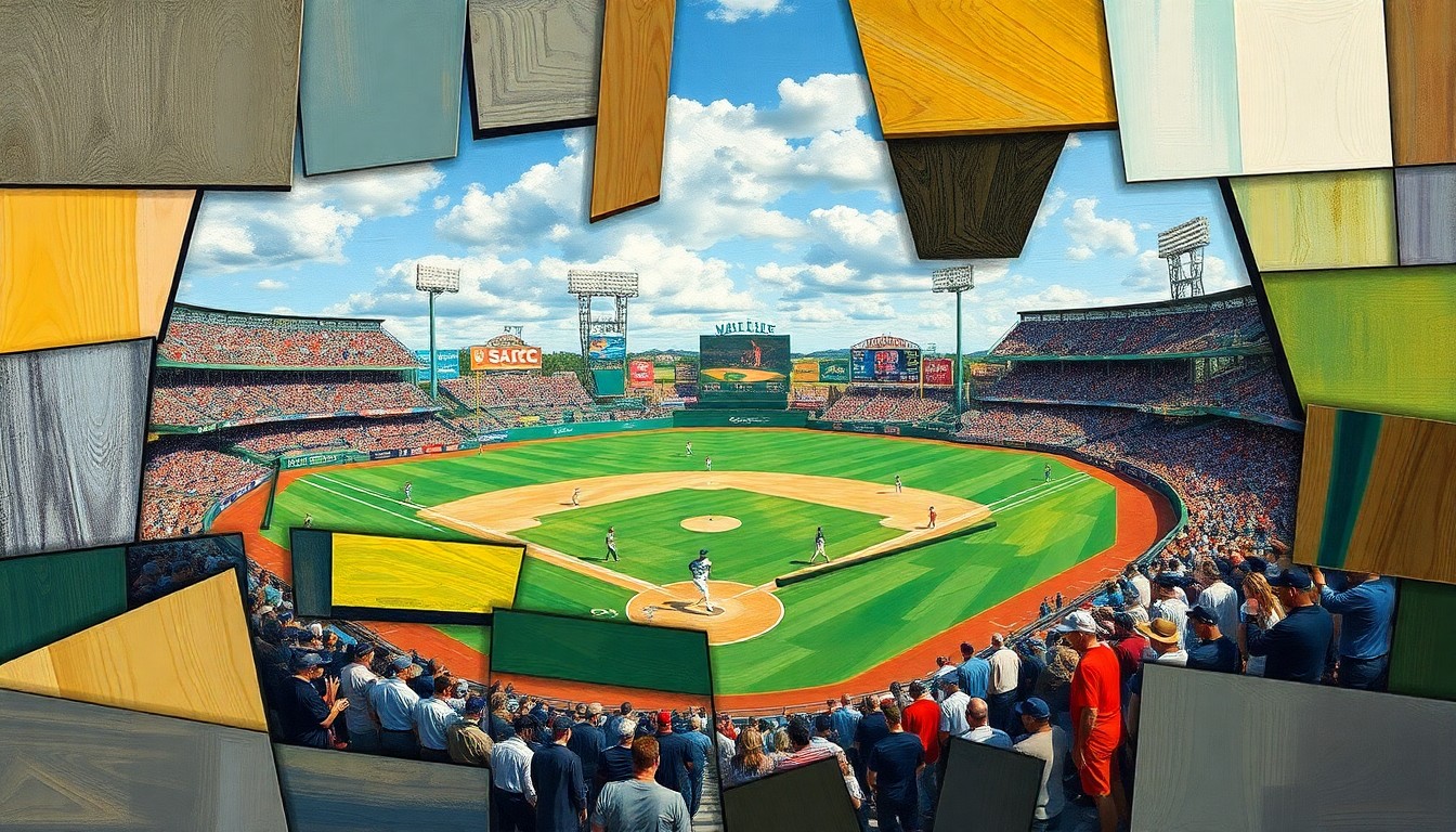 A cubist, geometric painting depicting a fragmented baseball scene, with overlapping planes of color and shape representing the various broadcast angles and platforms that will cover the Brewers' Spring Training games.