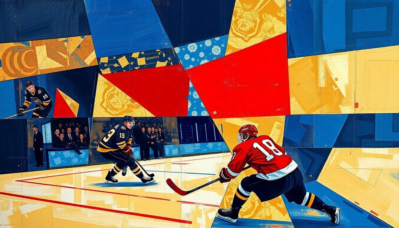 A fragmented, geometric painting in bold colors depicting a hockey player in motion, representing the Bruins' difficult decision to introduce a young prospect to the lineup during a crucial playoff race.