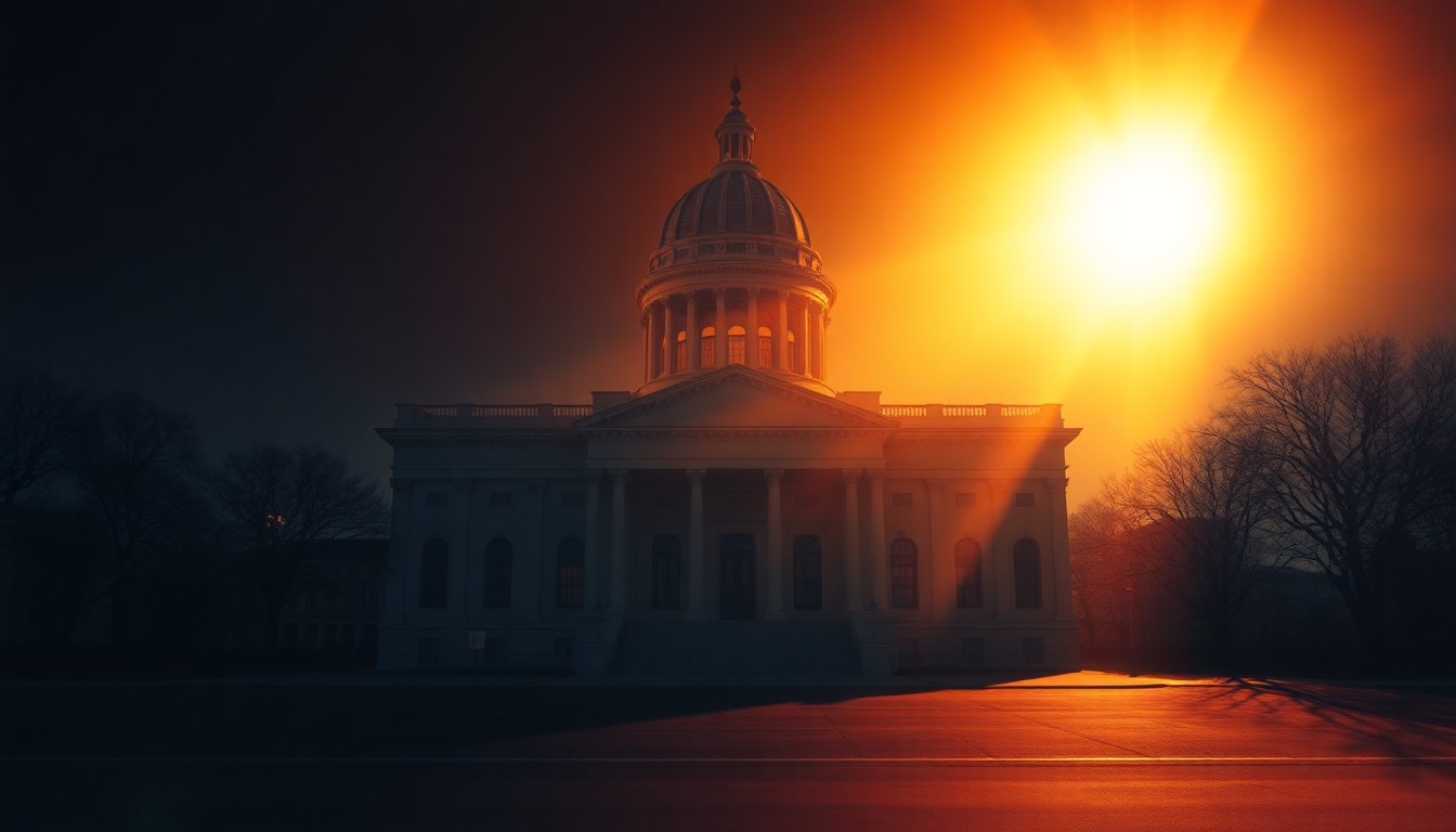 A serene, painterly image of a stately government building under warm, dramatic lighting, conveying a sense of transition and change in the political sphere.