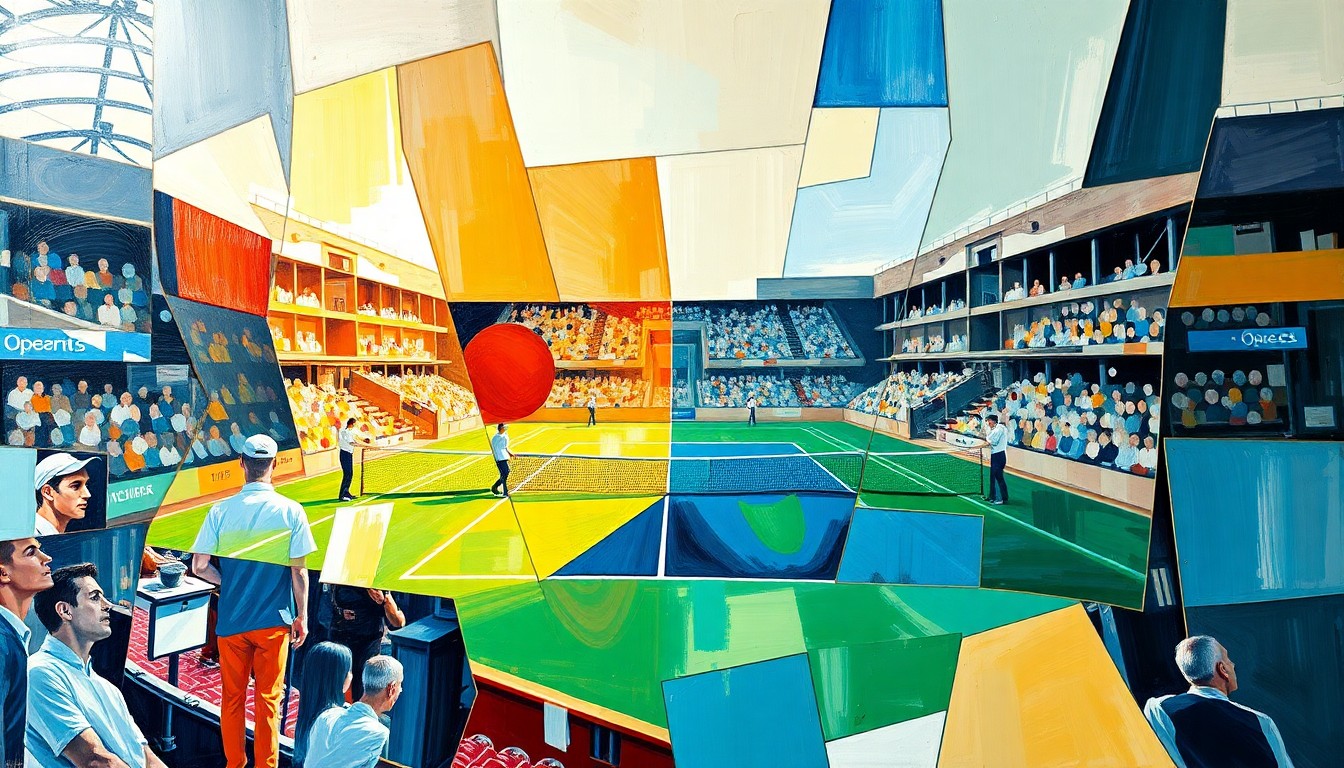 A fragmented, geometric painting depicting the tennis match between Zverev and Sinner, with sharp, overlapping shapes and planes representing the strategic and psychological dimensions of their encounter.