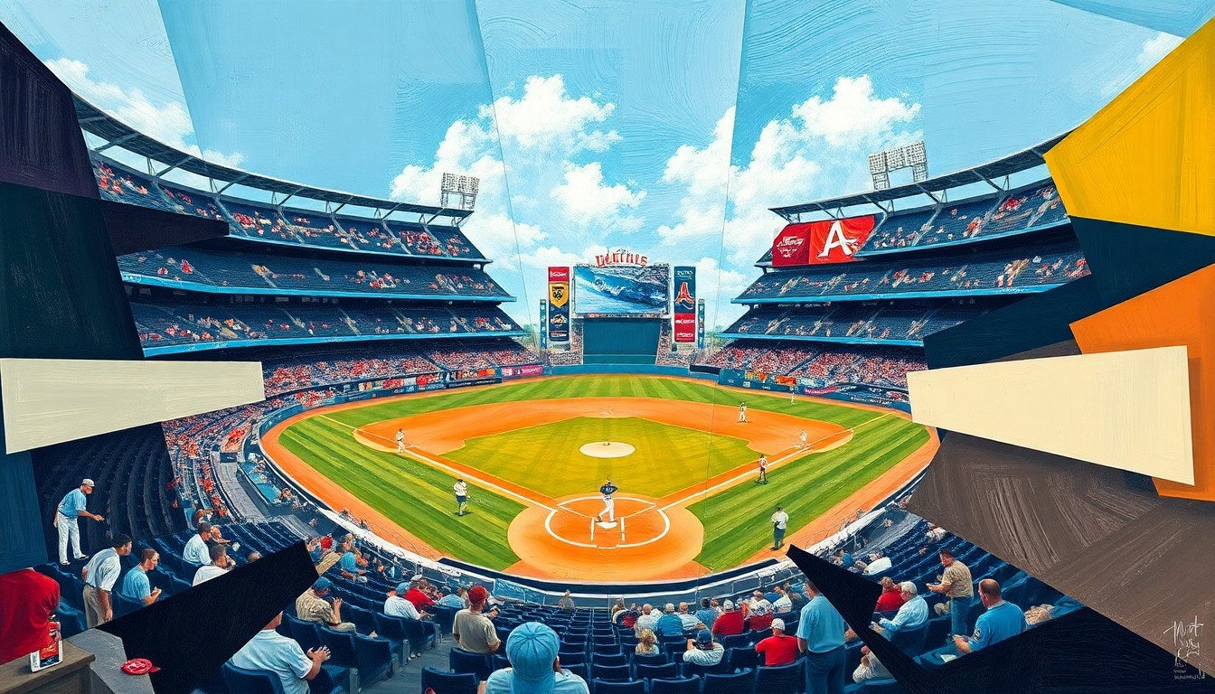 A fragmented, geometric painting depicting a baseball game in progress, with the players and field broken down into overlapping planes of color and shape, capturing the dynamic tension and strategic complexity of the matchup.