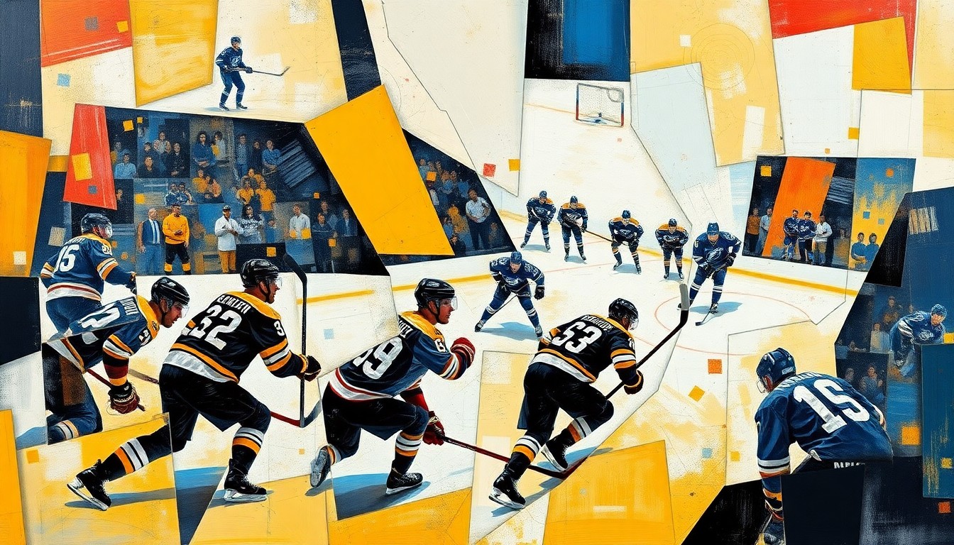 A fractured, geometric painting depicting the intense final moments of a hockey game, with players and the action broken down into abstract shapes and forms.