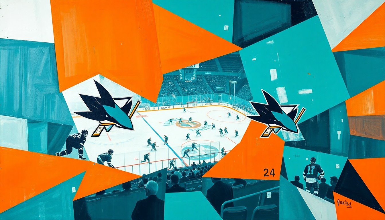 A cubist, geometric painting depicting a Sharks hockey game, with sharp, overlapping planes of teal, orange, and white colors representing the team's energy and competitive drive.