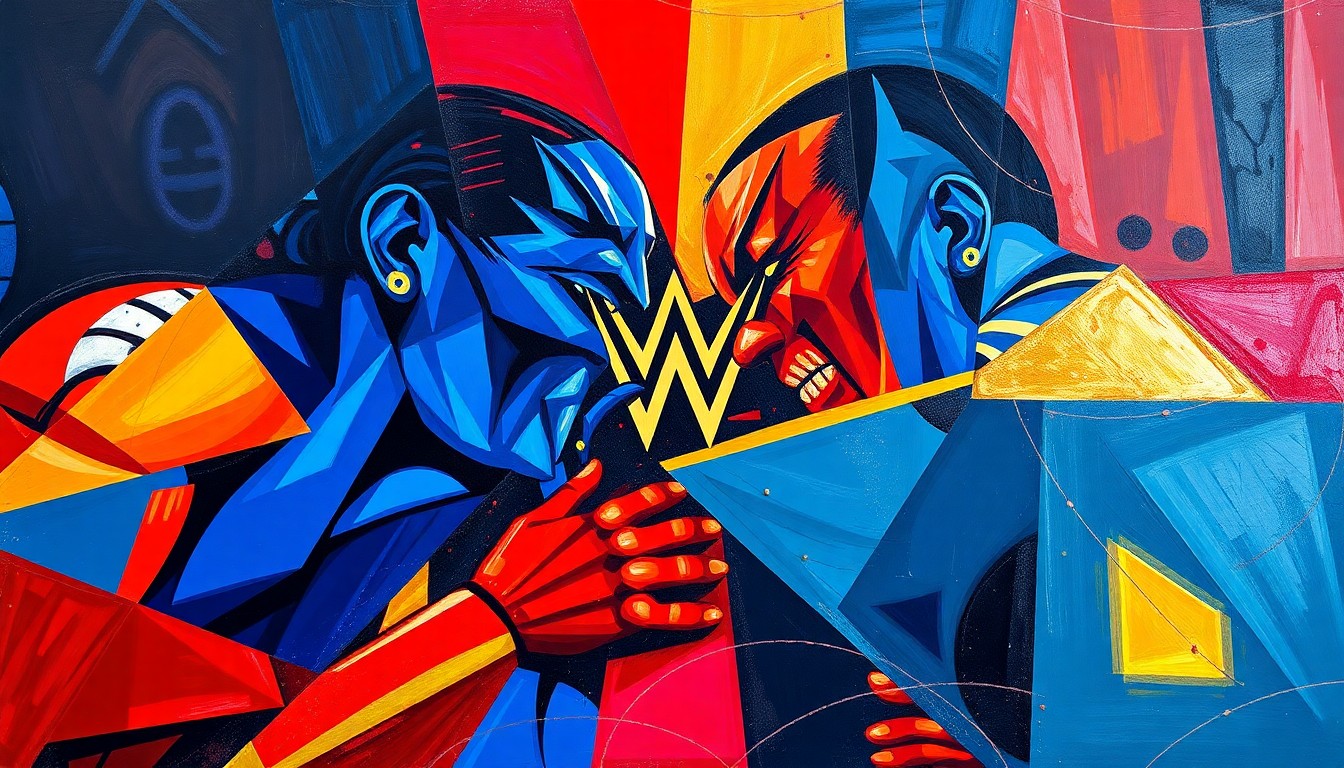A fractured, multi-perspective painting in the style of Pablo Picasso, breaking a WWE wrestling match down into sharp, overlapping geometric planes of vibrant colors like royal blue, crimson red, and metallic gold, conceptually representing the raw energy and intensity of the WrestleMania 42 event.