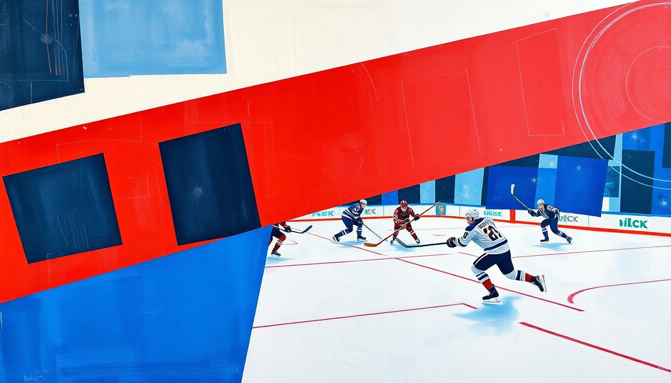 A cubist-style painting featuring sharp, overlapping geometric shapes in shades of blue, red, and white, representing the fragmented, high-intensity action of a hockey game.