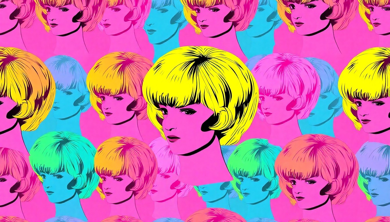 A brightly colored, high-contrast silkscreen print of a wig repeated in a tight grid pattern, conceptually representing the personal and emotional journey of cancer treatment and recovery.