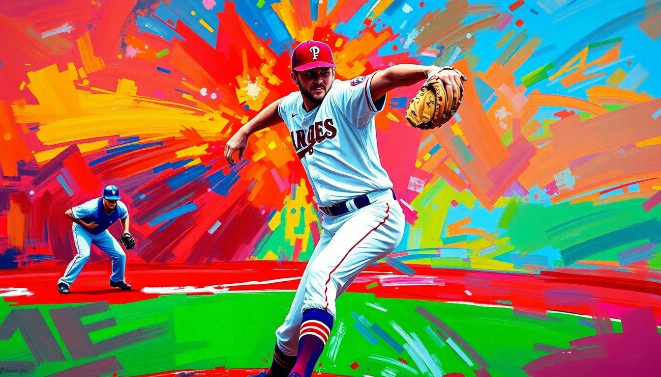 An expressionist painting in vibrant neon colors depicting the pitching motion of Ranger Suarez, with the batter and catcher blurred in the background, capturing the raw energy and intensity of the baseball game.