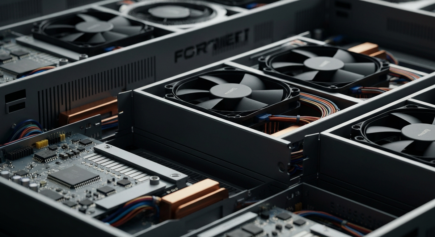 A highly detailed, industrial close-up image of Fortinet's network security hardware, including circuit boards, cooling fans, and metal enclosures, conveying the company's role in the complex infrastructure of modern cybersecurity.