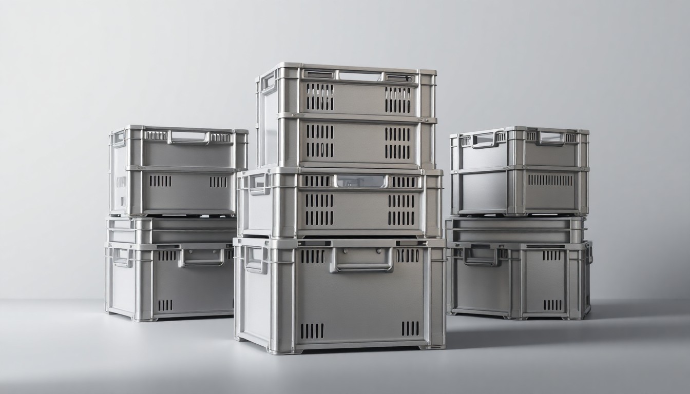 A high-end, photorealistic studio still-life photograph featuring a stack of premium, polished metal food distribution crates in muted shades of silver and grey, arranged elegantly on a clean, monochromatic seamless background with dramatic studio lighting and deep shadows.