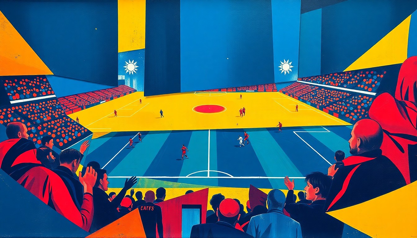 A fragmented, multi-perspective painting depicting a soccer match between Birmingham City and Wrexham, with the players and field represented as sharp, angular shapes in a vibrant color palette, conveying the energy and drama of the game.