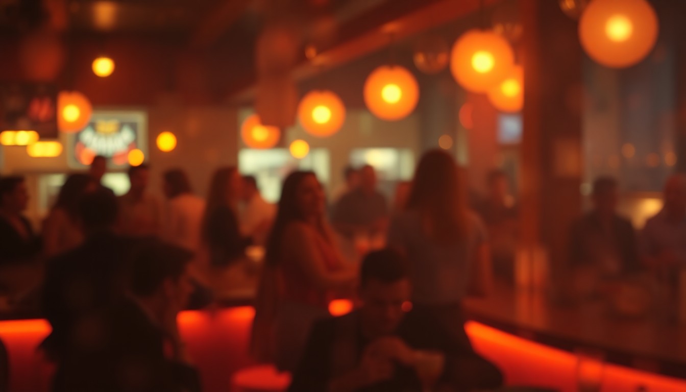 An abstract, out-of-focus photograph depicting the dimly lit interior of a bar, with blurred silhouettes of people enjoying drinks and conversation. Warm, soft pools of light and color create an atmospheric, dreamlike mood.