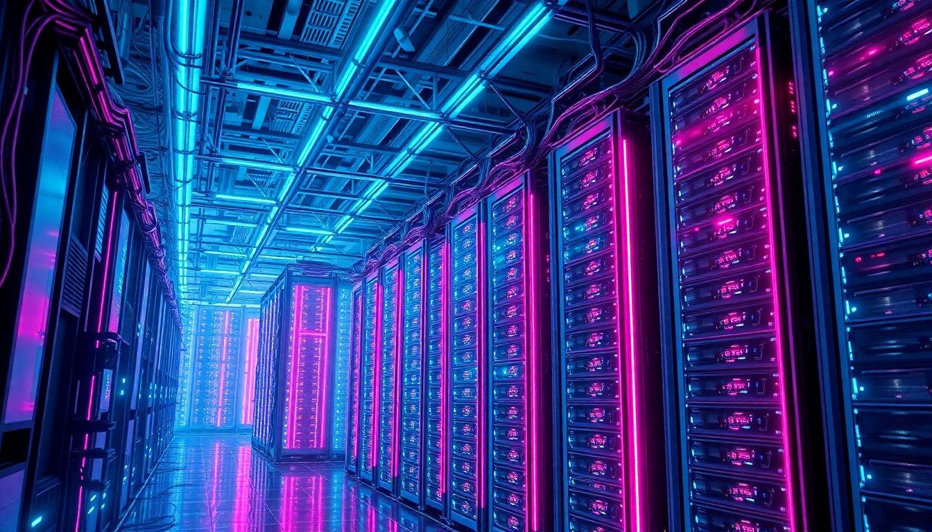 A highly detailed, glowing 3D illustration of a massive, futuristic data center server farm, with neon cyan and magenta lights illuminating the complex network of cables, cooling systems, and towering racks of servers, conveying the immense scale and power consumption of these energy-hungry digital infrastructure hubs.