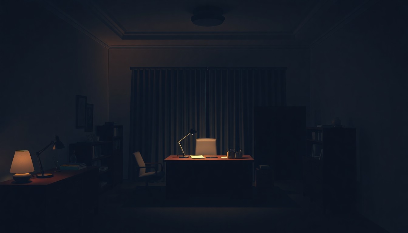 A dimly lit, cinematic painting of a solitary government office at night, with warm shadows and a lone bureaucrat working under the glow of a desk lamp, conceptually representing the quiet contemplation and weight of international diplomacy.